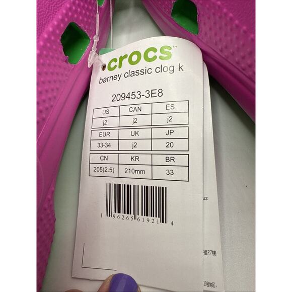 BRAND NEW Crocs Limited Edition Barney Classic Clog Size J2 - Picture 4 of 5